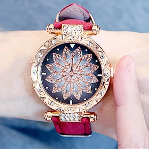 New Red Starry Sky Luxury Leather Strap Rose Gold Sapphire Bracelet Watch Set - Picture 4 of 16